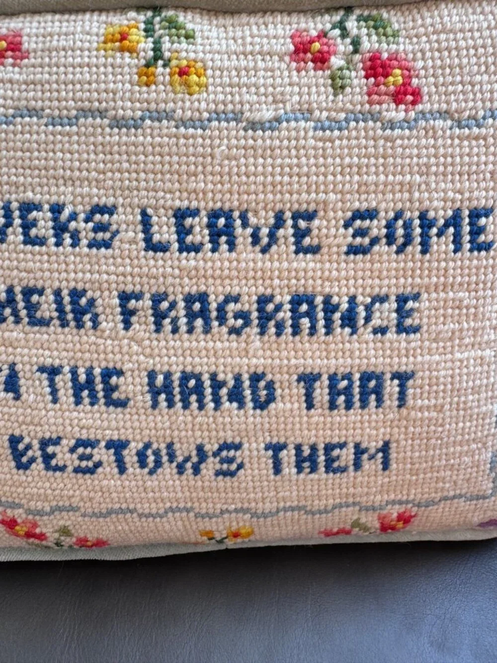 Vintage Needlepoint Pillow With Floral Design & Blue Velvet Backing 11